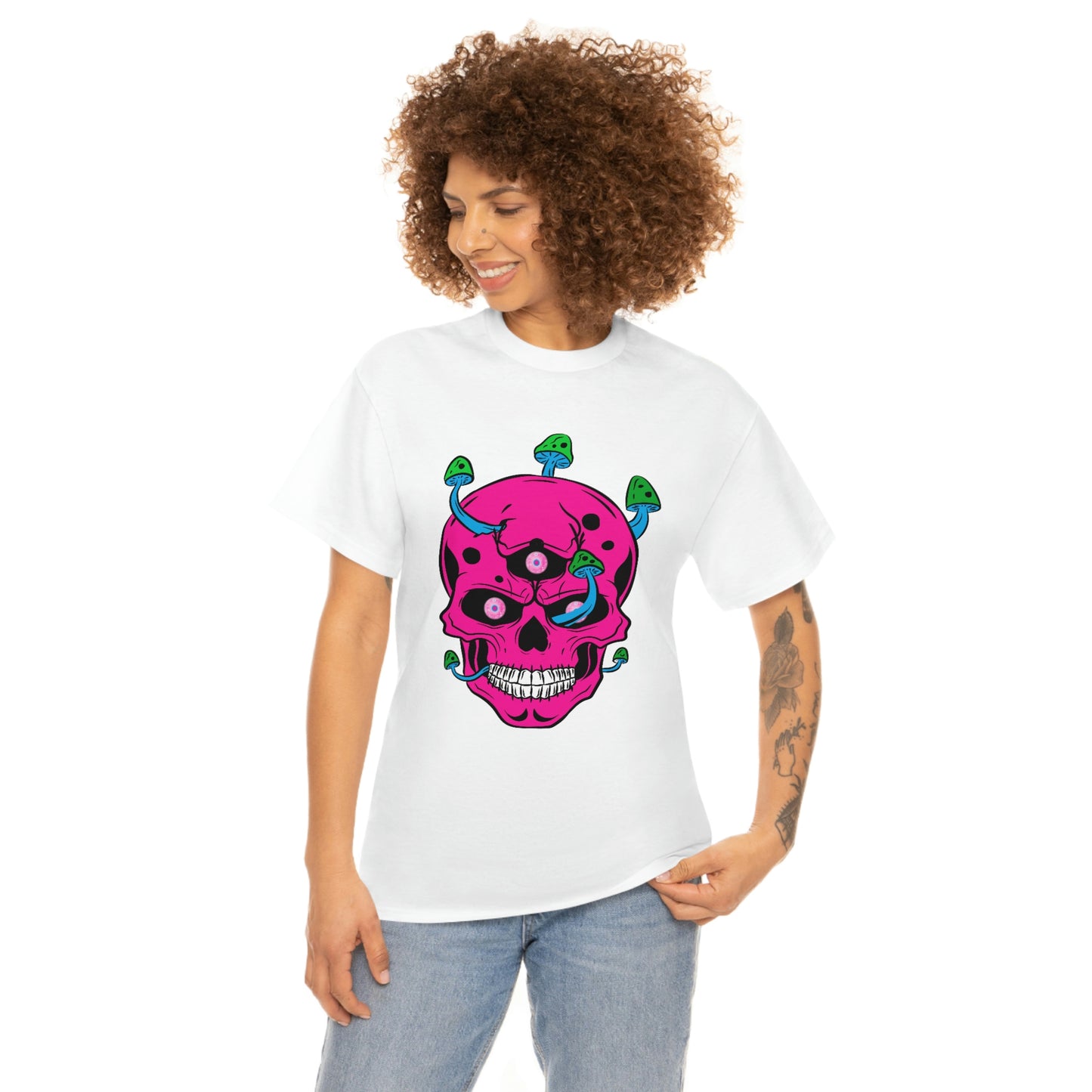 Skull with mushrooms and 3 staring eyes in magenta cyan