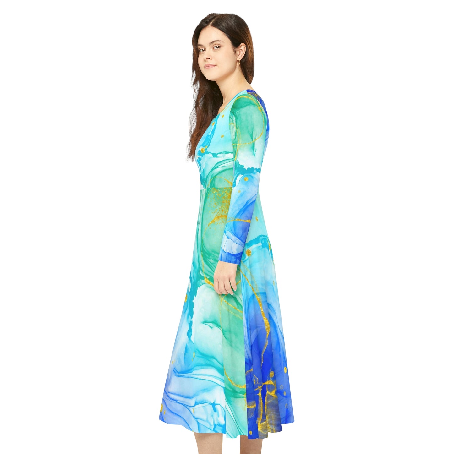 Aquarell Blue Green Gold Women's Long Sleeve Dance Dress