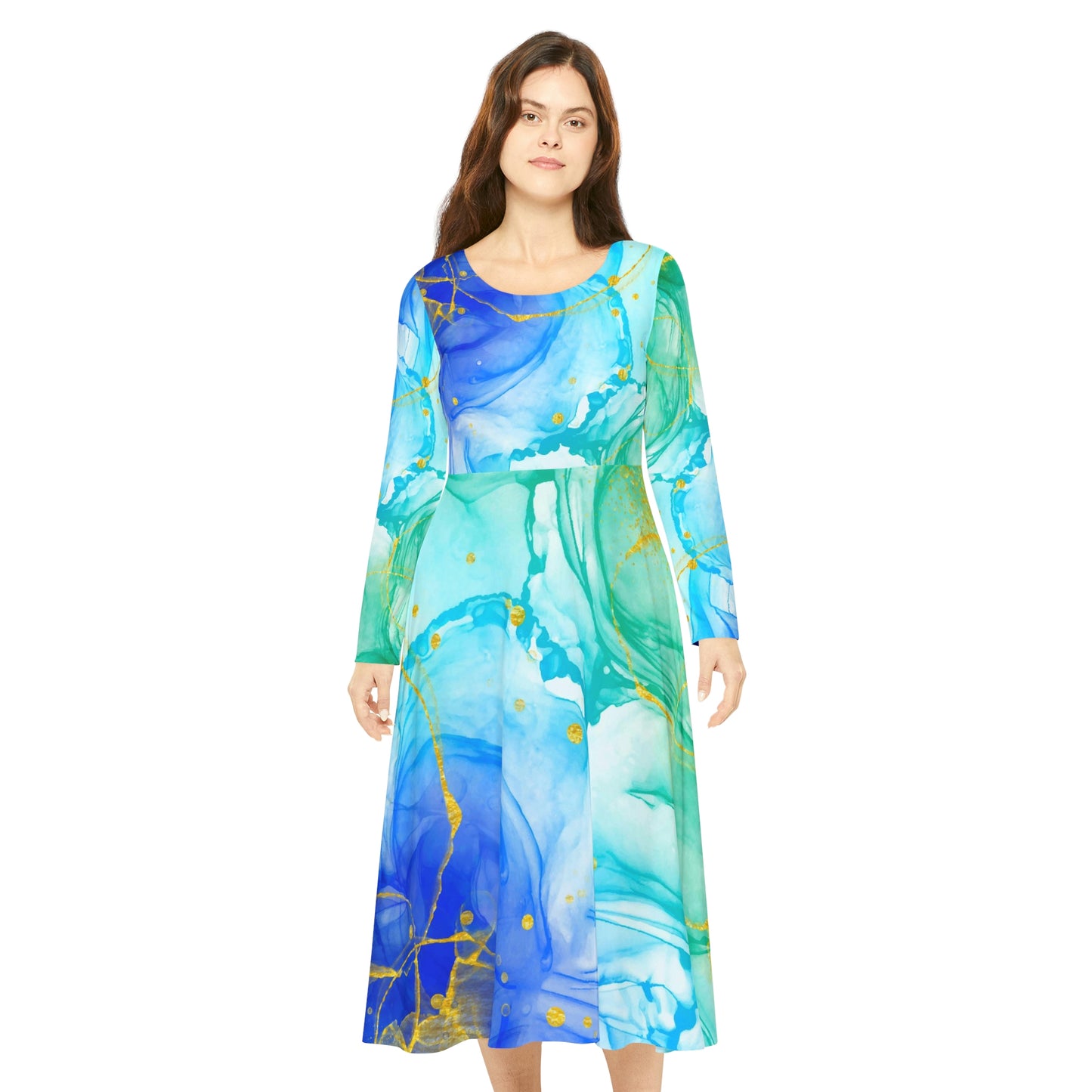 Aquarell Blue Green Gold Women's Long Sleeve Dance Dress