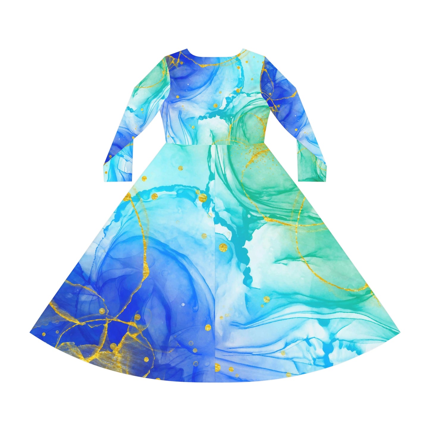 Aquarell Blue Green Gold Women's Long Sleeve Dance Dress