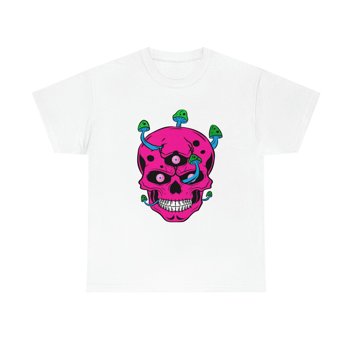 Skull with mushrooms and 3 staring eyes in magenta cyan