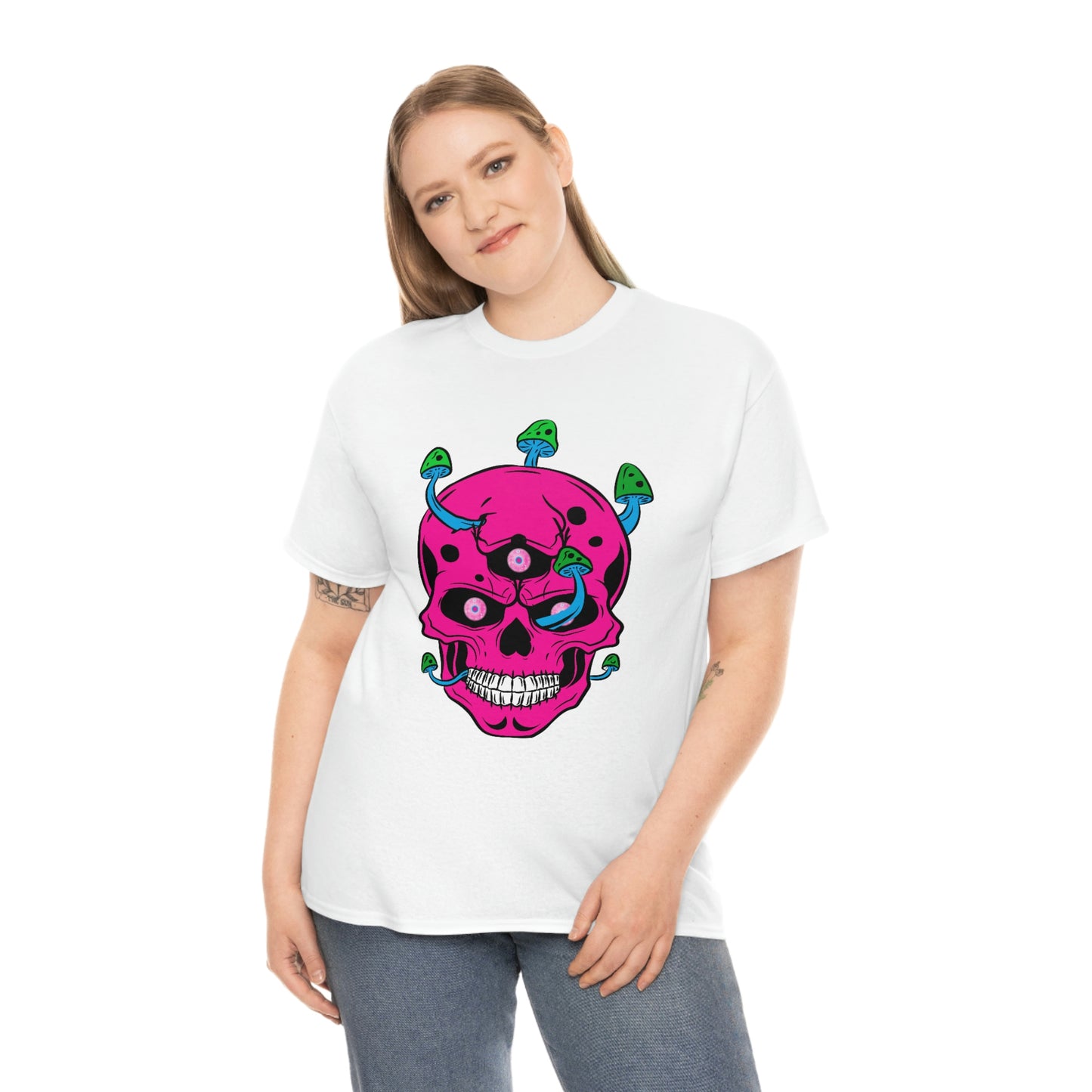 Skull with mushrooms and 3 staring eyes in magenta cyan