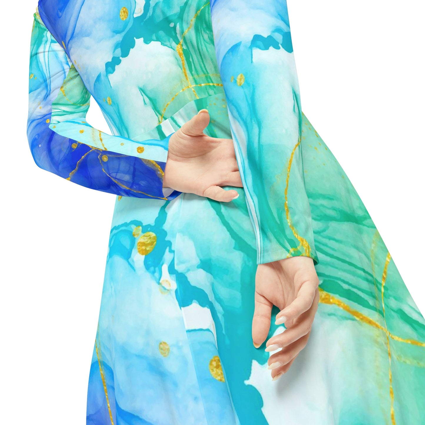 Aquarell Blue Green Gold Women's Long Sleeve Dance Dress