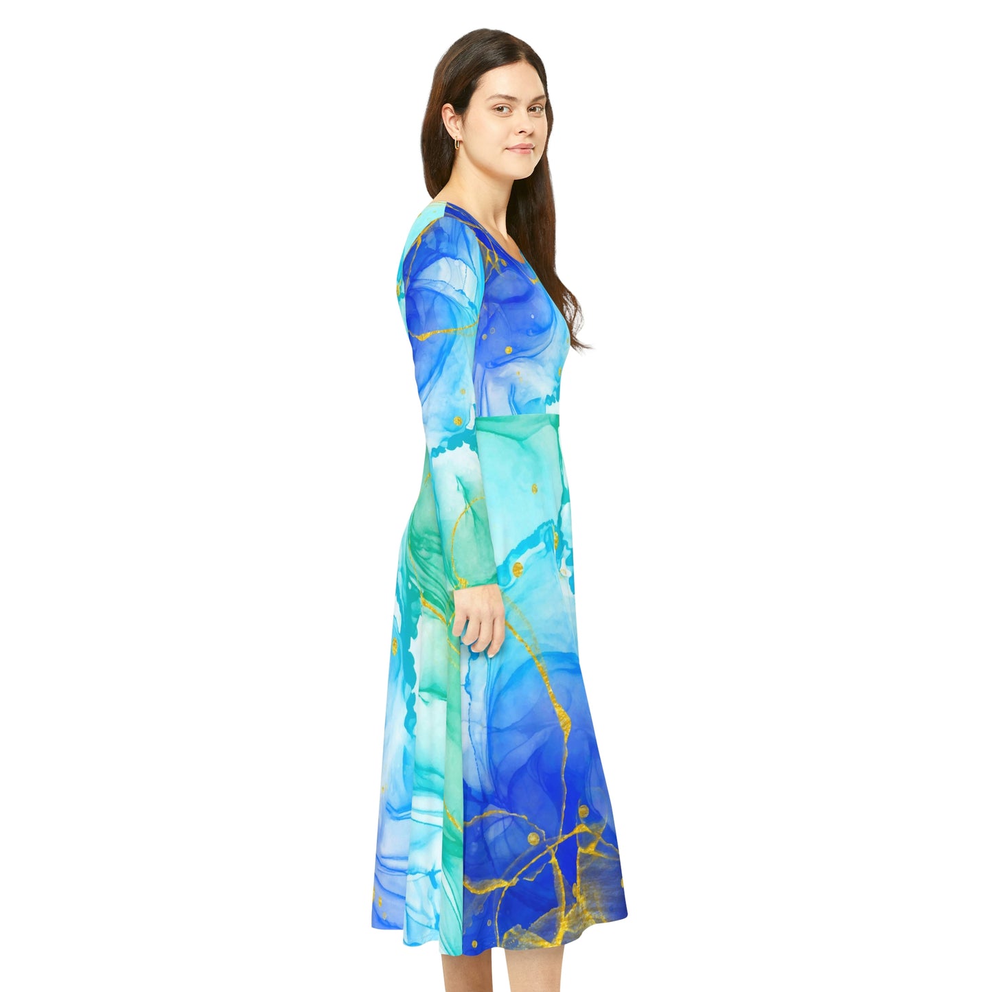 Aquarell Blue Green Gold Women's Long Sleeve Dance Dress