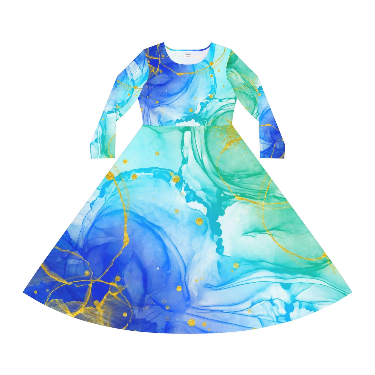 Aquarell Blue Green Gold Women's Long Sleeve Dance Dress