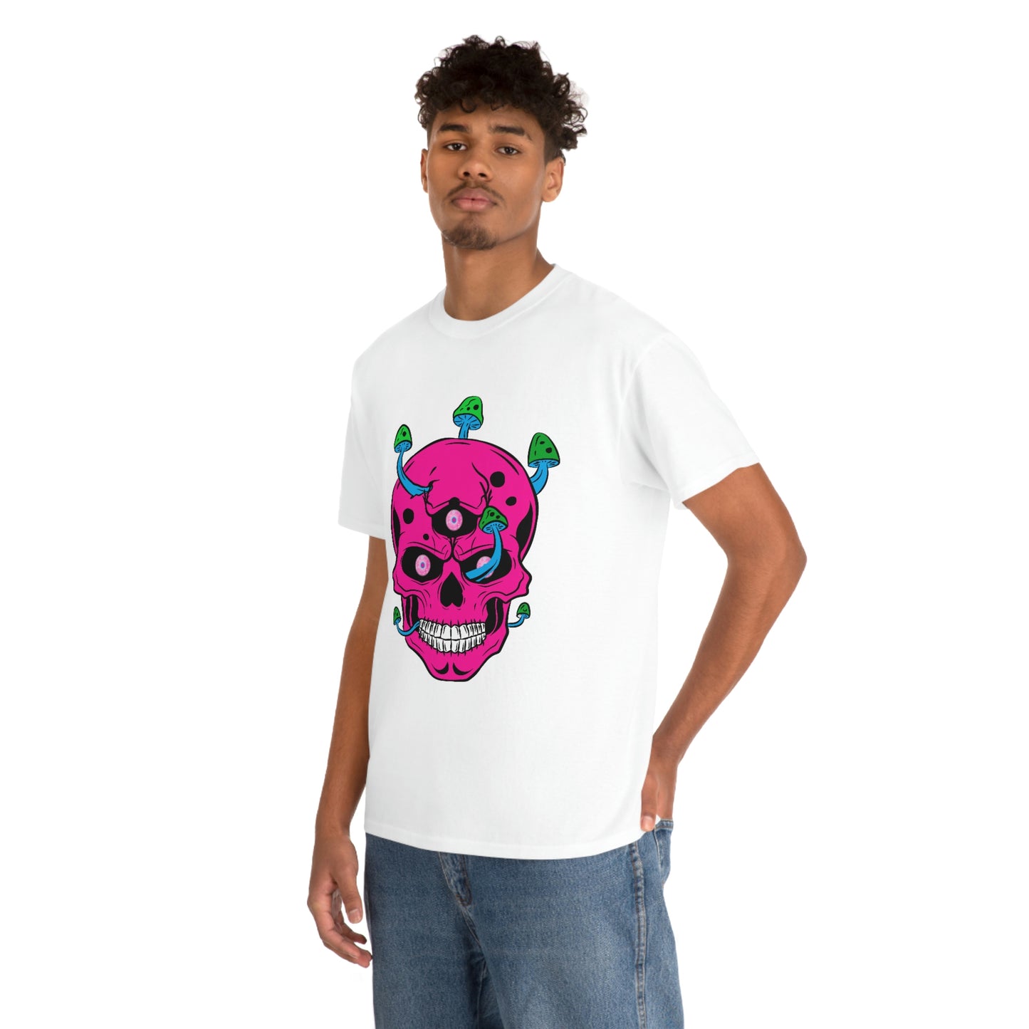 Skull with mushrooms and 3 staring eyes in magenta cyan