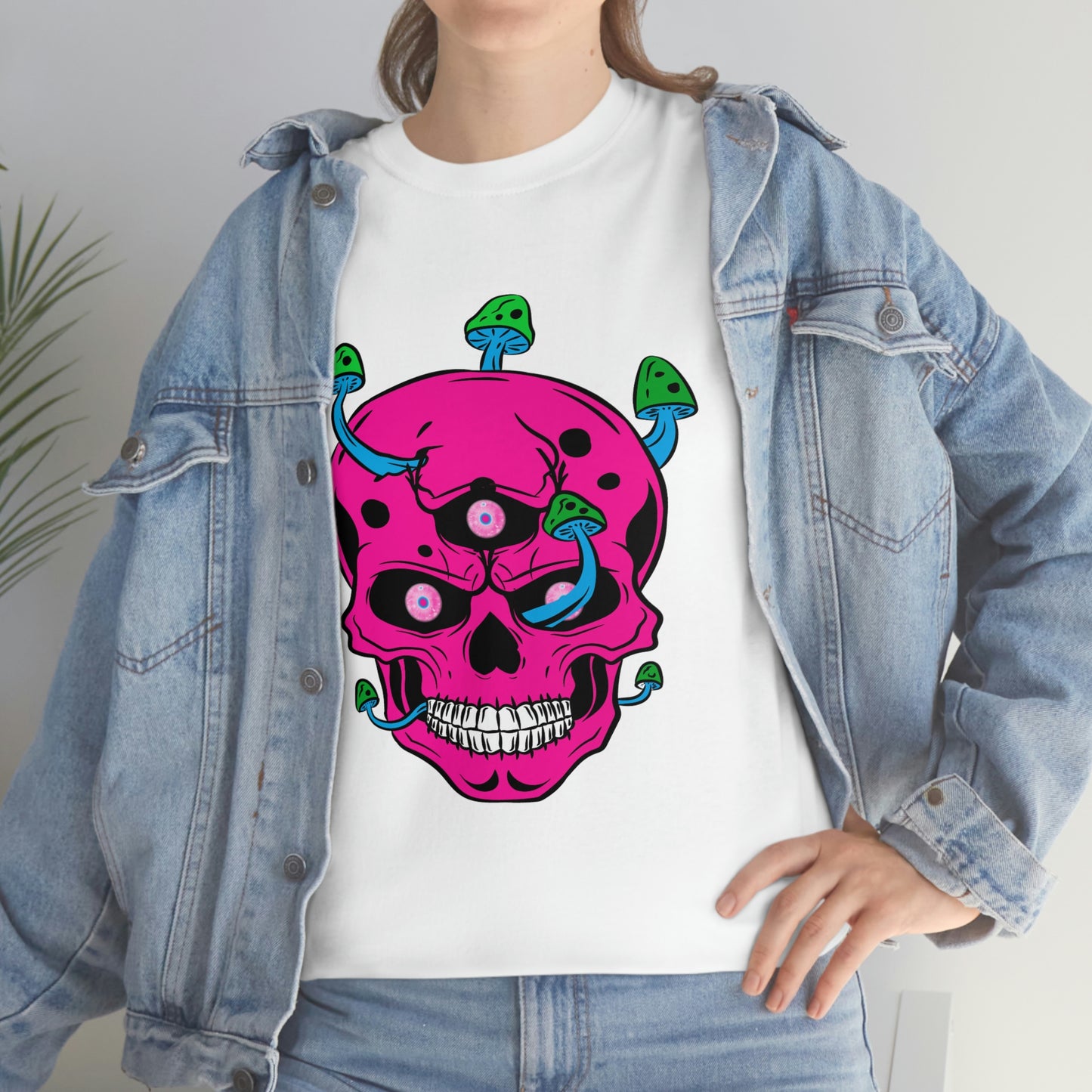 Skull with mushrooms and 3 staring eyes in magenta cyan