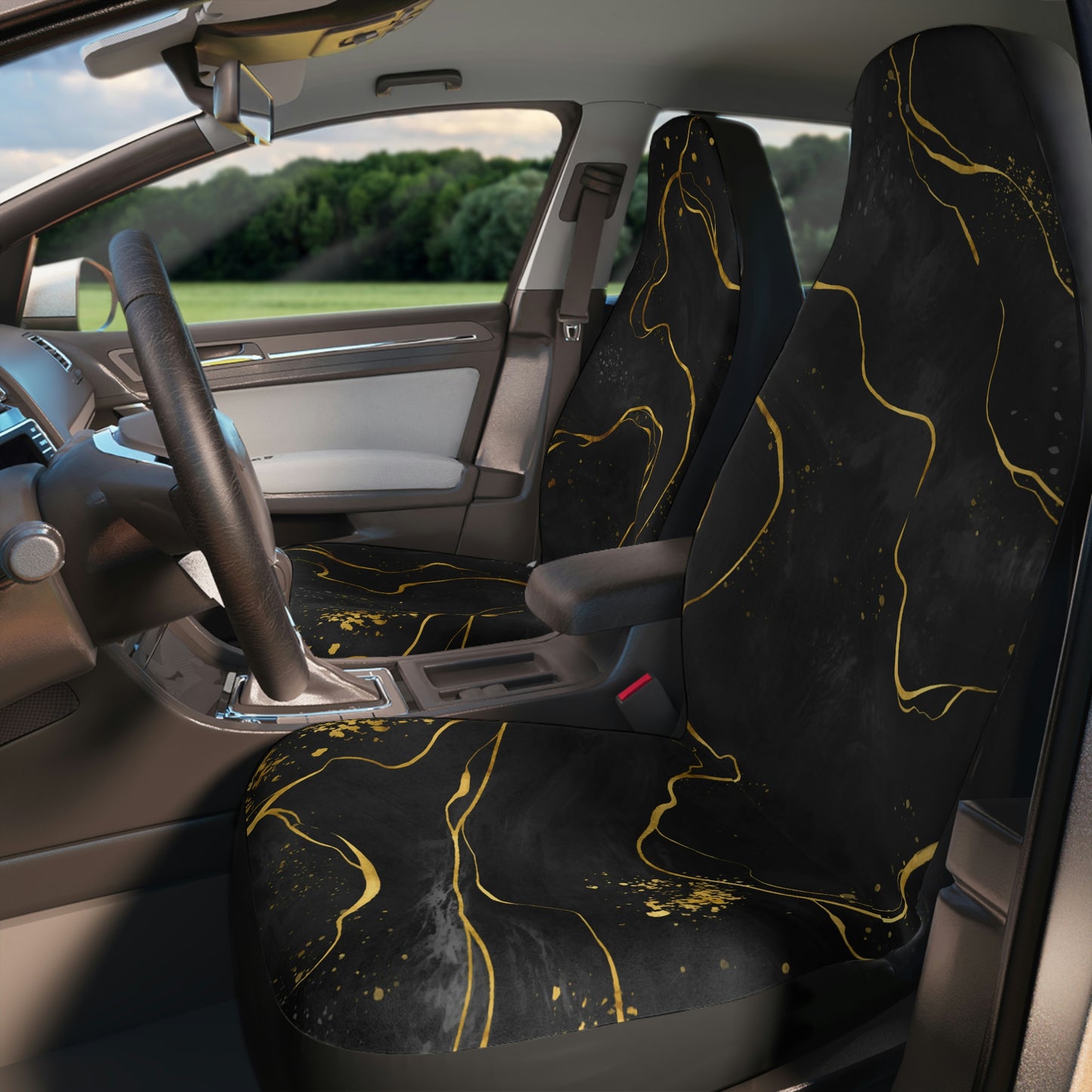 Black and Gold River Polyester Car Seat Covers