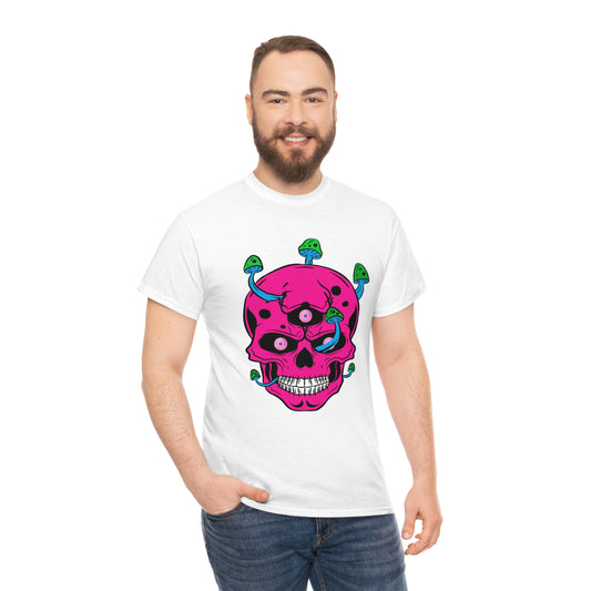 Skull with mushrooms and 3 staring eyes in magenta cyan