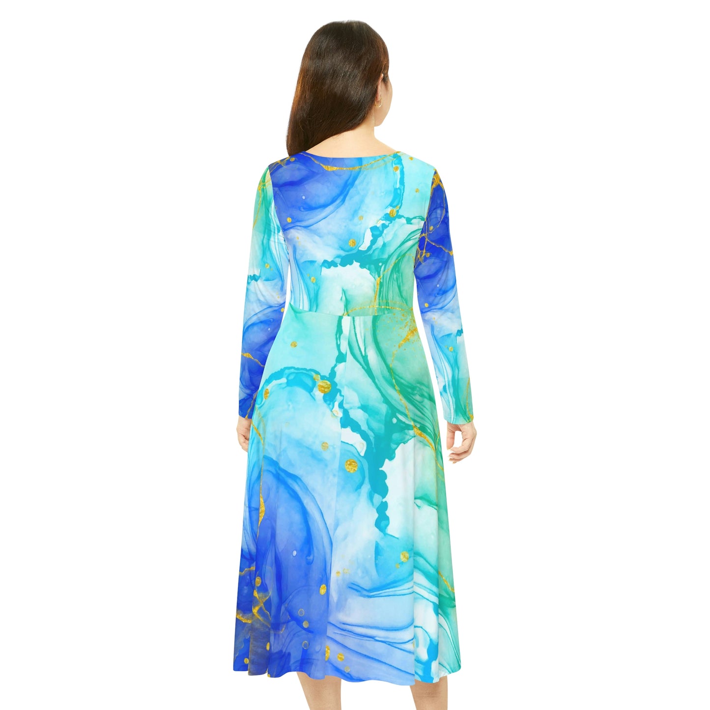 Aquarell Blue Green Gold Women's Long Sleeve Dance Dress